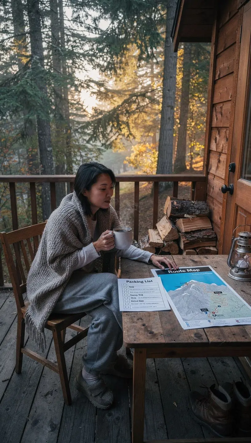 Zestaw niezbędnych akcesoriów turystycznych na tle przyrody.